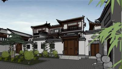 新中式绿城桃花源独栋别墅建筑SU模型下载_sketchup草图大师SKP模型