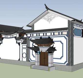 白族独栋建筑三合院SU模型下载_sketchup草图大师SKP模型
