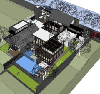 新中式户外独栋别墅SU模型下载_sketchup草图大师SKP模型