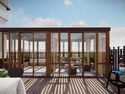 联排阳光房水景庭院室外餐厅家具SU模型