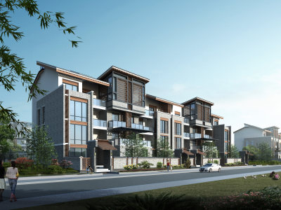 联排别墅外观建筑SU模型下载_sketchup草图大师SKP模型