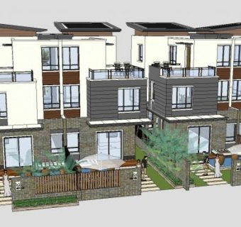 新中式风格联排别墅SU模型下载_sketchup草图大师SKP模型