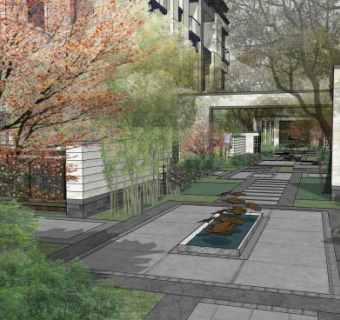 中式小区联排住宅景观SU模型下载_sketchup草图大师SKP模型