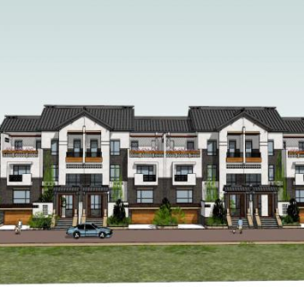 中式联排别墅SU模型下载_sketchup草图大师SKP模型