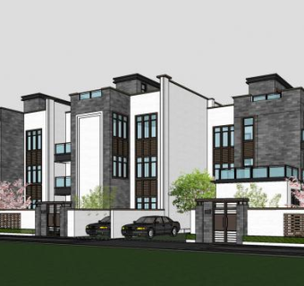 现代中式联排别墅SU模型下载_sketchup草图大师SKP模型