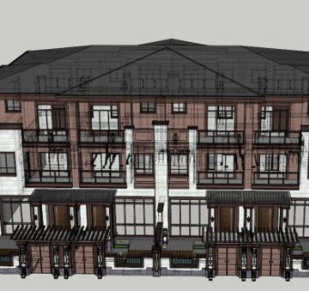 新中式联排别墅院子SU模型下载_sketchup草图大师SKP模型