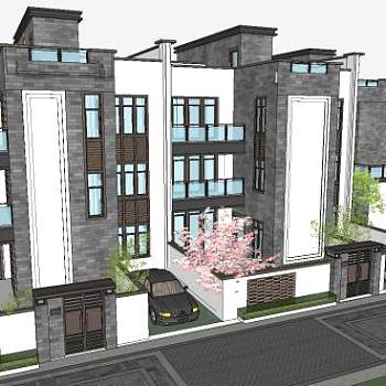 中式联排别墅建筑SU模型下载_sketchup草图大师SKP模型