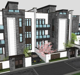 中式联排别墅建筑SU模型下载_sketchup草图大师SKP模型
