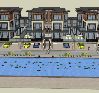 新中式建筑联排别墅SU模型下载_sketchup草图大师SKP模型