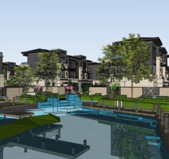 现代联排建筑群落建筑SU模型下载_sketchup草图大师SKP模型