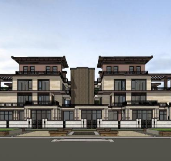 新亚洲风格合院联排别墅SU模型下载_sketchup草图大师SKP模型