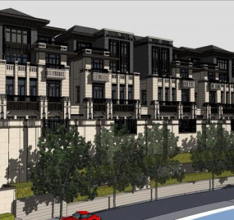 新中式新亚洲风格联排别墅SU模型下载_sketchup草图大师SKP模型