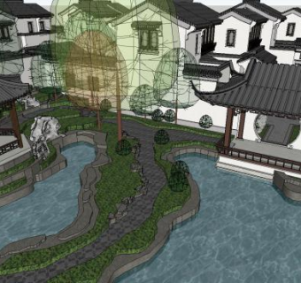 中式联排别墅群SU模型下载_sketchup草图大师SKP模型