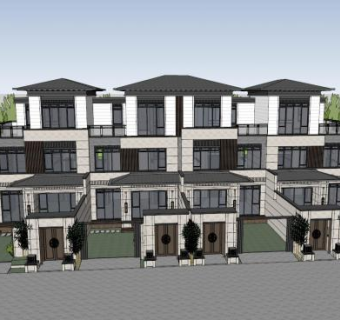新中式联排别墅建筑SU模型下载_sketchup草图大师SKP模型