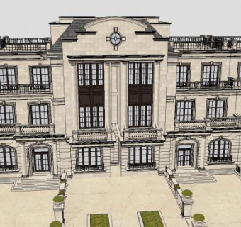 法式建筑联排户外别墅SU模型下载_sketchup草图大师SKP模型