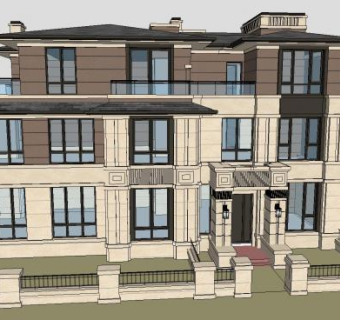 美式赖特风联排别墅SU模型下载_sketchup草图大师SKP模型