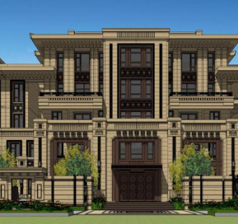 古典风格元素洋房联排建筑SU模型下载_sketchup草图大师SKP模型