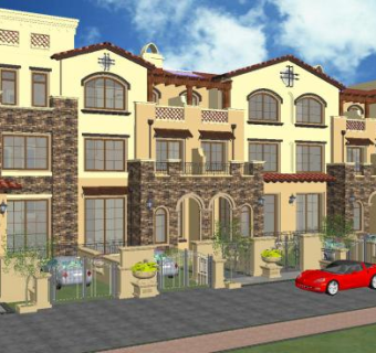 地中海建筑联排别墅SU模型下载_sketchup草图大师SKP模型