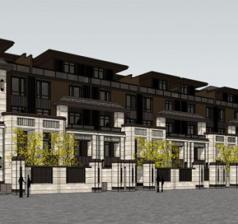 两排联排别墅建筑室外街景SU模型下载_sketchup草图大师SKP模型