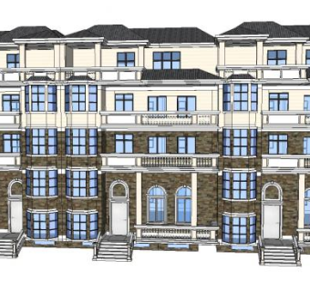 西班牙风格联排别墅建筑SU模型下载_sketchup草图大师SKP模型