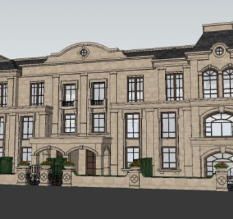 法式联排别墅户外建筑SU模型下载_sketchup草图大师SKP模型