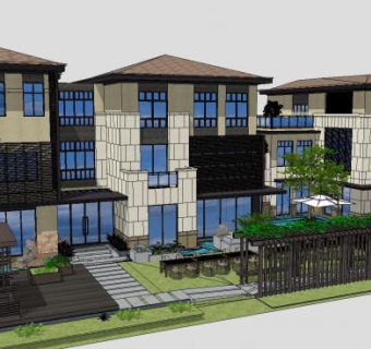 现代联排别墅改造景观SU模型下载_sketchup草图大师SKP模型