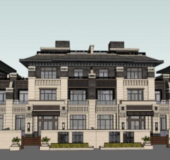 法式联排建筑别墅SU模型下载_sketchup草图大师SKP模型