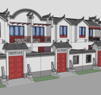 中式风格建筑联排别墅SU模型下载_sketchup草图大师SKP模型