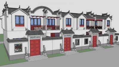 中式风格建筑联排别墅SU模型下载_sketchup草图大师SKP模型