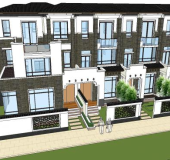 新中式联排别墅户外建筑SU模型下载_sketchup草图大师SKP模型