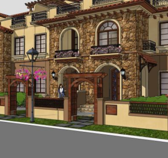 西班牙联排建筑别墅SU模型下载_sketchup草图大师SKP模型