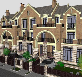 英式风格联排别墅建筑SU模型下载_sketchup草图大师SKP模型