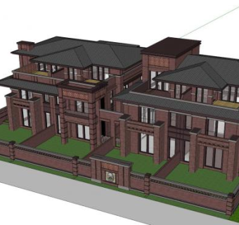 褐石风格建筑联排别墅SU模型下载_sketchup草图大师SKP模型