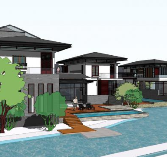 现代中式联排别墅群SU模型下载_sketchup草图大师SKP模型