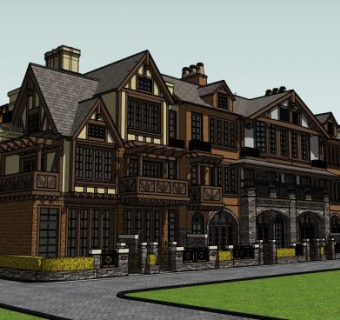 英式乡村联排别墅SU模型下载_sketchup草图大师SKP模型