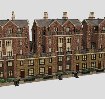 英式风格户外建筑联排别墅SU模型下载_sketchup草图大师SKP模型