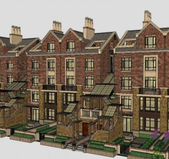 英式别墅联排建筑SU模型下载_sketchup草图大师SKP模型