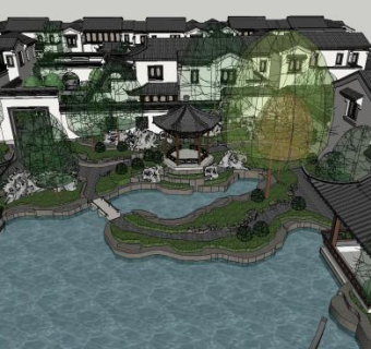 仿古中式四合院绿城桃李春风别墅SU模型下载_sketchup草图大师SKP模型