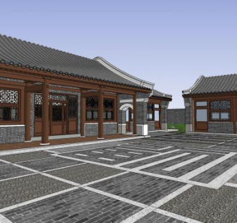 中式禅院四合院户外别墅SU模型下载_sketchup草图大师SKP模型