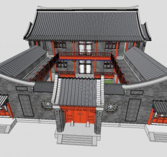 中式四合院合园户外建筑SU模型下载_sketchup草图大师SKP模型