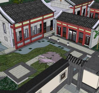 中式徽派建筑四合院围墙SU模型下载_sketchup草图大师SKP模型
