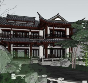 室外仿古中式豪宅古建SU模型下载_sketchup草图大师SKP模型