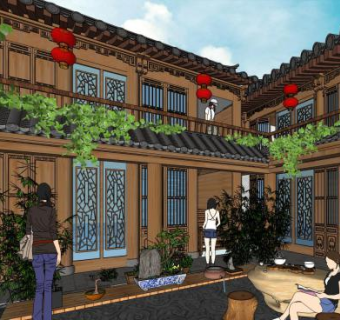 中式院子四合院建筑SU模型下载_sketchup草图大师SKP模型