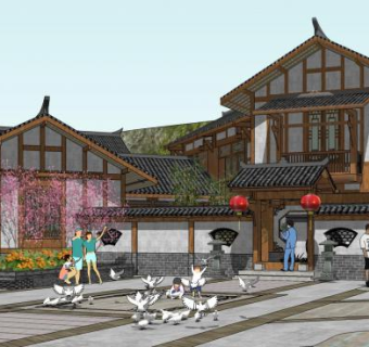 中式民宿住宅四合院建筑SU模型下载_sketchup草图大师SKP模型
