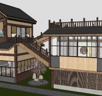 日式二层小木屋建筑SU模型下载_sketchup草图大师SKP模型