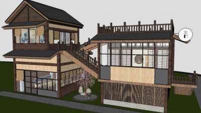 日式二层小木屋建筑SU模型下载_sketchup草图大师SKP模型