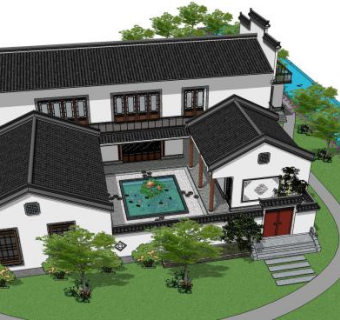 现代徽派别墅农家小院四合院SU模型下载_sketchup草图大师SKP模型