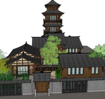 川西风格四合院建筑SU模型下载_sketchup草图大师SKP模型