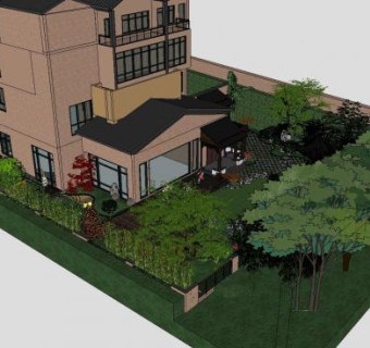 中式别墅庭院户外建筑SU模型下载_sketchup草图大师SKP模型