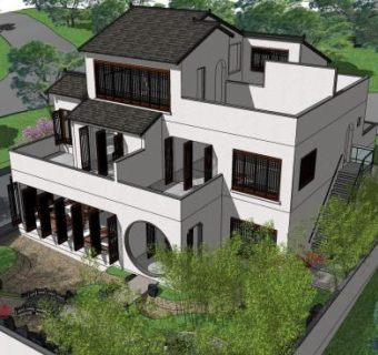 中式风格民宿庭院模型SU模型下载_sketchup草图大师SKP模型